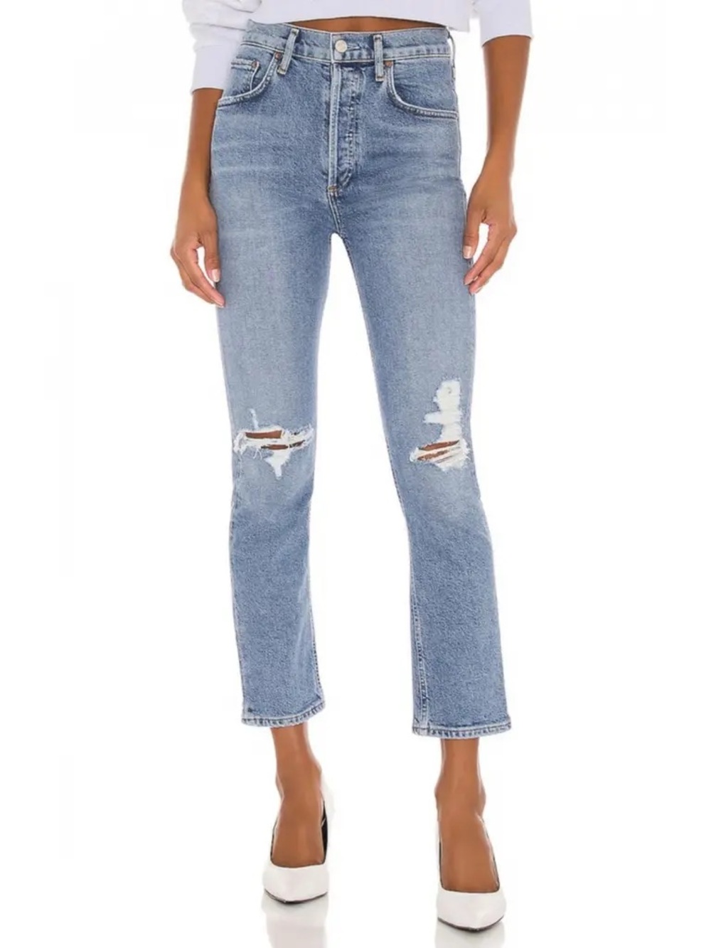 AGolde Distressed High-Rise Straight Jeans Ankle Crop